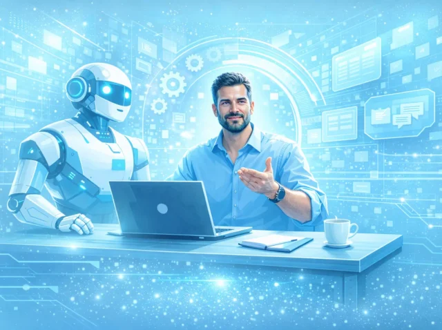 7 bitnih AI vještina koje čine razliku Poduzetnik radi na laptopu uz AI robota, simbol suradnje čovjeka i umjetne inteligencije u poslovanju