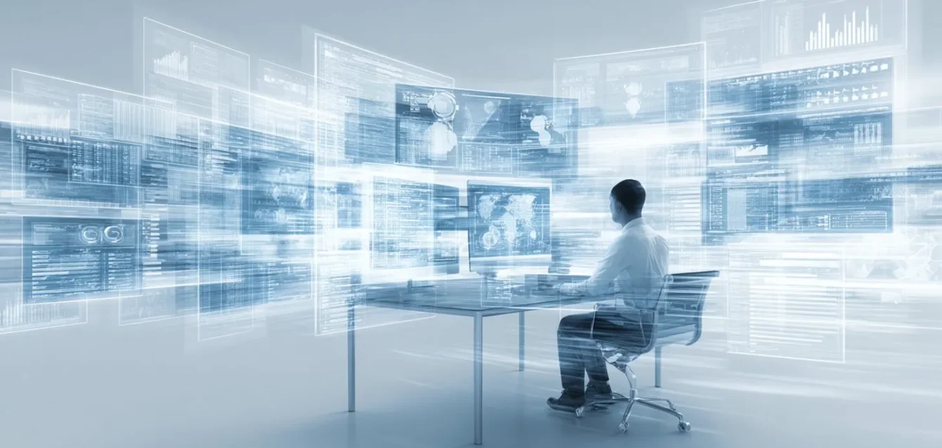 Poduzetnik analizira poslovne podatke uz pomoć AI alata na digitalnim ekranima