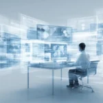 Poduzetnik analizira poslovne podatke uz pomoć AI alata na digitalnim ekranima