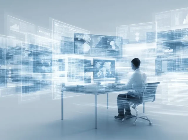 Poduzetnik analizira poslovne podatke uz pomoć AI alata na digitalnim ekranima